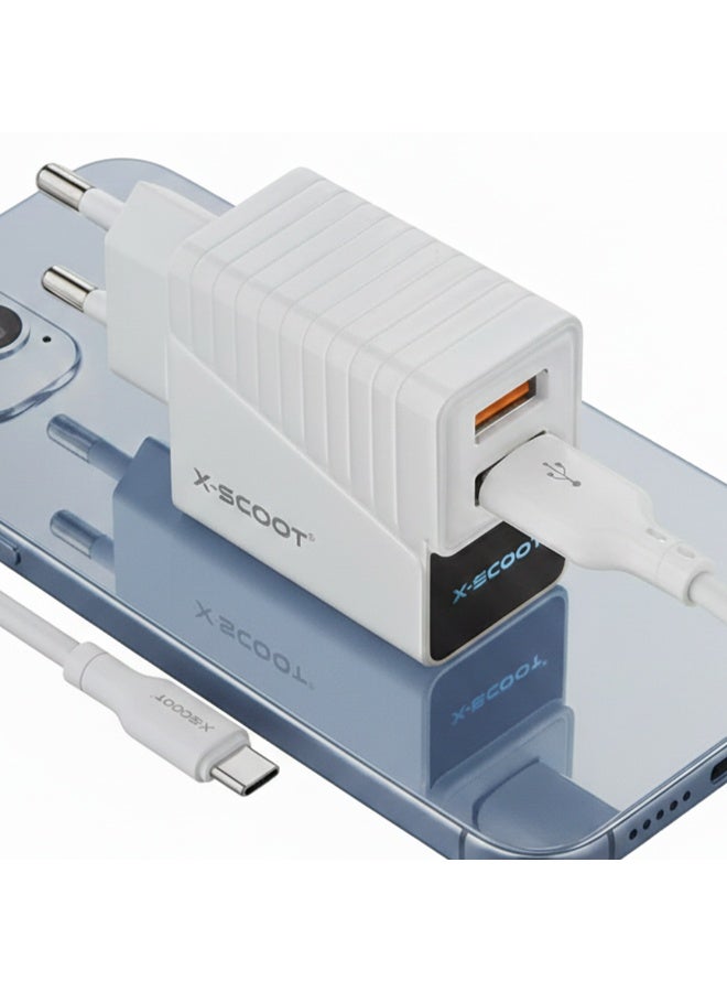 CH-232 LED Fast Charger 2.4A with Dual USB Ports, Included Type-C Cable, Fire-Resistant Build, and Advanced Current Prot