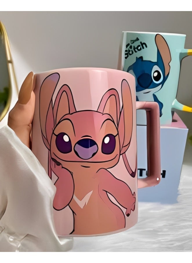 Stitch Angle Ceramic Mug 450ml, Cute Cartoon Coffee Mug, Large Capacity Ceramic Tea Cup with Vibrant Character Design, G
