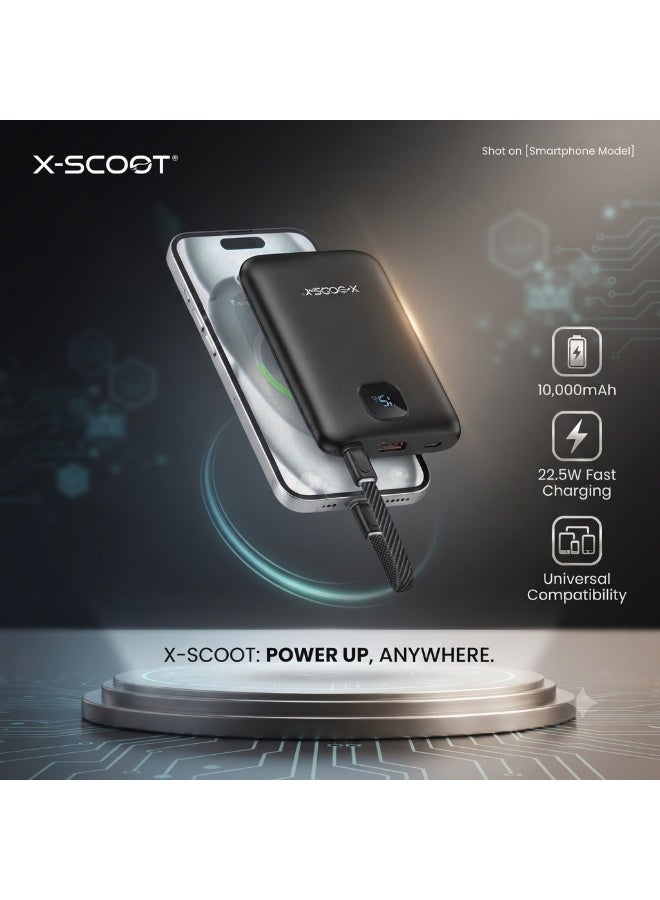 Super Slim Power Bank Fast Charging 10000mAh 22.5W – Ultra-Thin Portable Battery Pack with Built-in Type-C Cable, LED Di