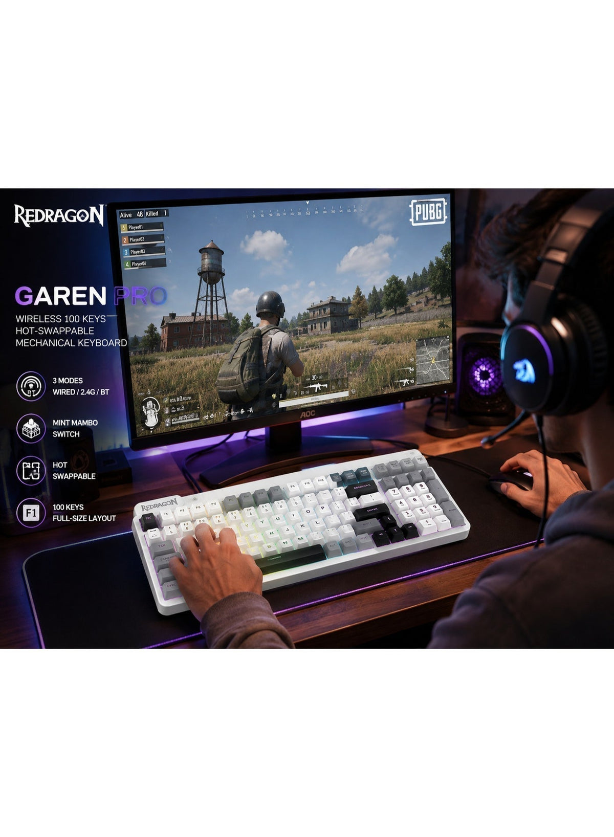 K656 Pro 3-Mood Mechanical Gaming Keyboard – Triple-Mode Connectivity (Bluetooth 3.0/5.0, 2.4GHz & USB-C Wired), 100-Key