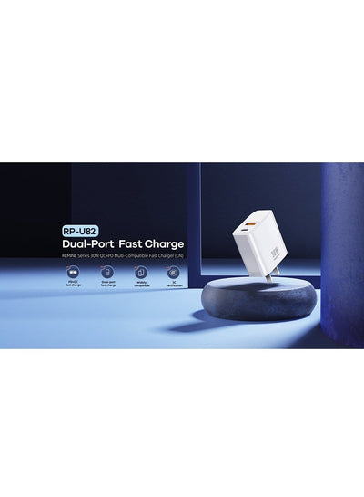 Powerful Charger  RP-U82 , Fast Charger 30W , 2 Ports (QC+PD)  fast and safe charging