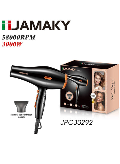 JAMAKY Italy Professional JPC30292 Cold air Function Hair Dryer 3000W/ 2-Speed and 3 temperature setting with Italian technology \Cool button-locks in styles\ BLACK