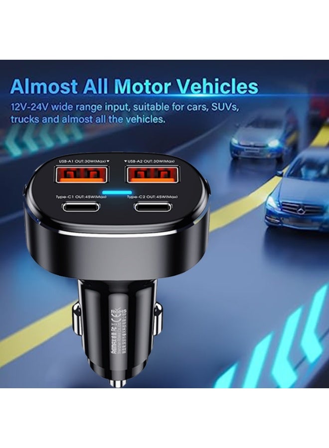 75W Fast Car Charger RCC329 with 4 Ports (2 Type-C + 2 USB), Dual Output PD + QC, Smart Protection & LED Indicator , Com