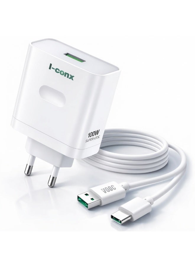 K-44 100W USB-A Fast Wall Charger with USB-C Cable – PD, Super VOOC & QC Fast Charging Travel Adapter, Smart Chip, Stabl