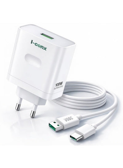 K-44 100W USB-A Fast Wall Charger with USB-C Cable – PD, Super VOOC & QC Fast Charging Travel Adapter, Smart Chip, Stabl