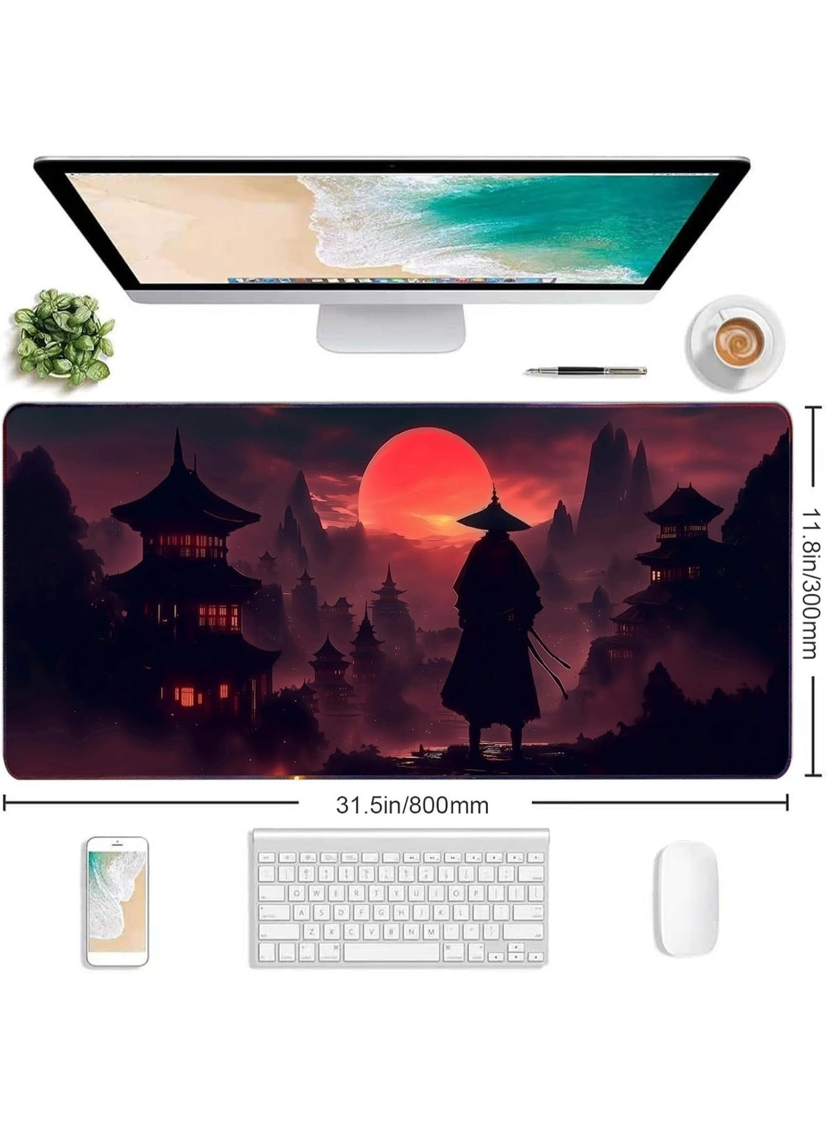 Moonlight Japanese Samurai Anime Mouse PadExtended Gaming Mouse Pad with Stitched Edges 70×30cm XL Desk Mat for Gaming, 