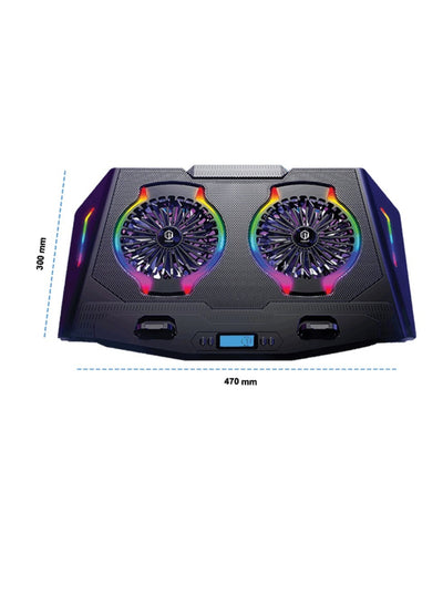 Standard Laptop Cooler Support ICE-07 With RGB Cool Light in both sides - 7 flowing lights mode , LCD Screen - 2 Fans Multi-Gear - Multi Angle , 2USB ports & 5 Levels And mobile phone holder , Foldable Anti-Skid Baffle ( 461*294*52mm )