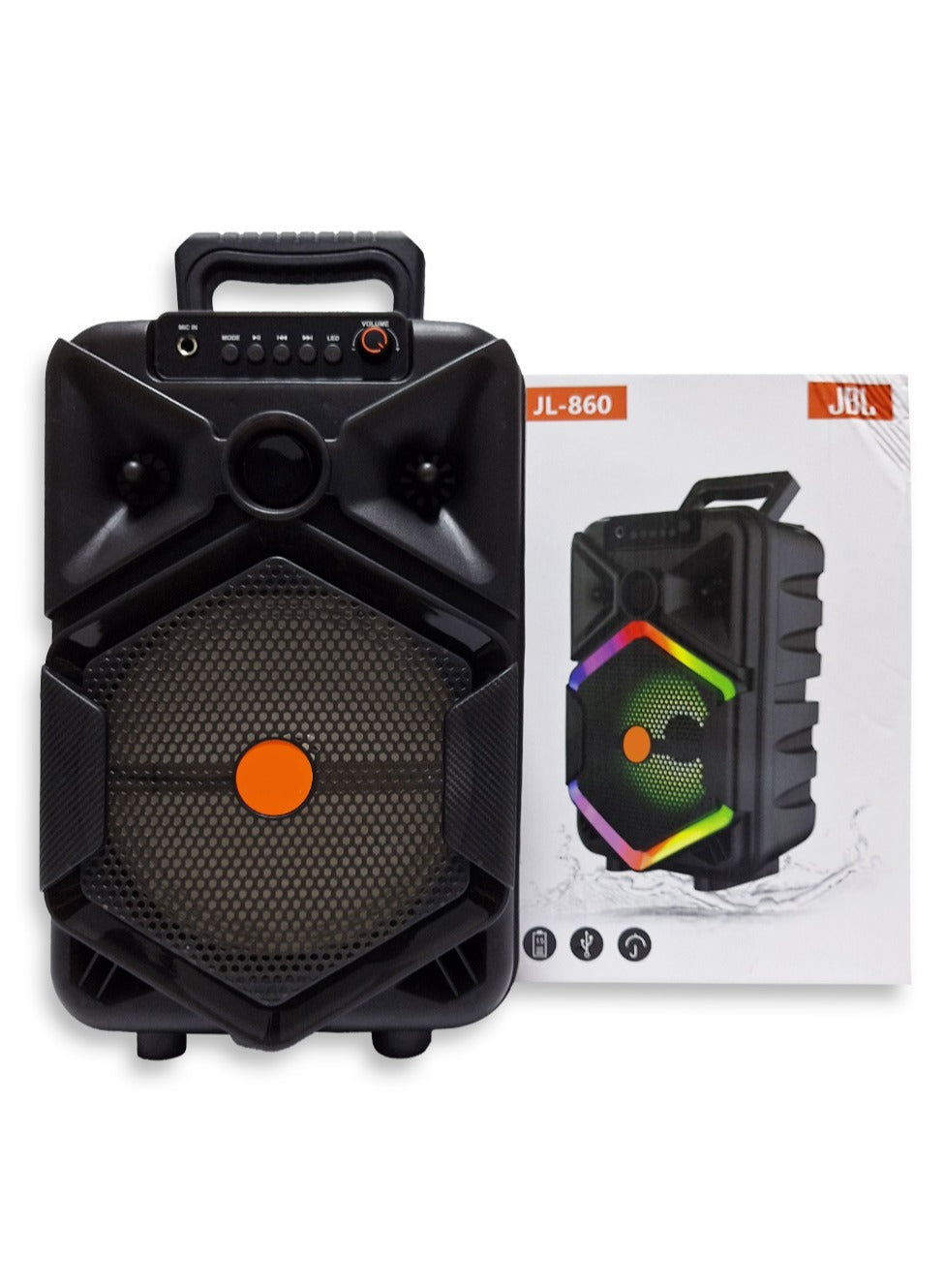 portable speakers With fixed carry handle , RGB lighting effects , mic input , Model JL-860 , USB input , TF card input