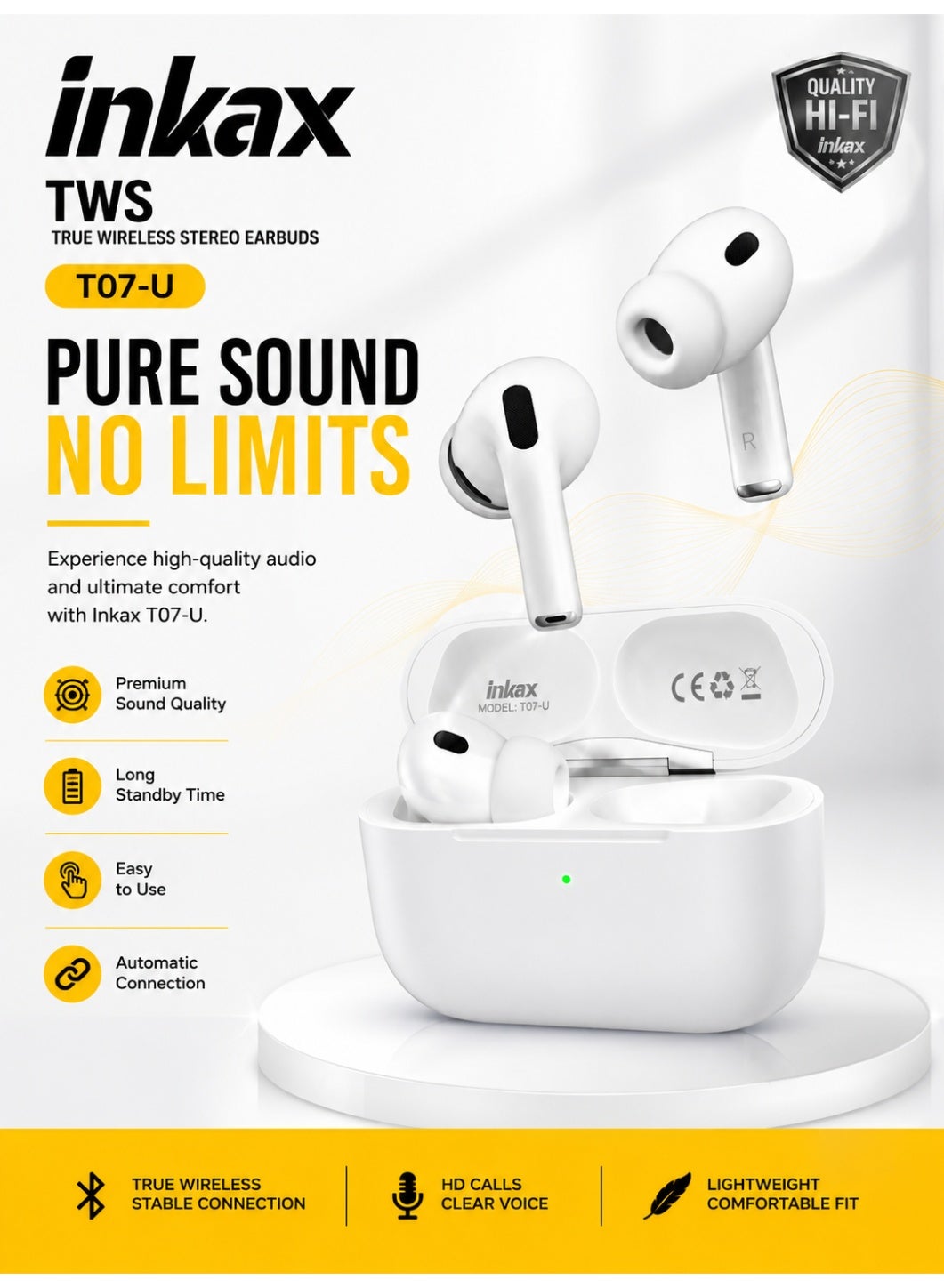 T07-U True Wireless Bluetooth Earbuds with Hi-Fi Stereo Sound, In-Ear TWS Headphones, Automatic Pairing, Built-In Microp