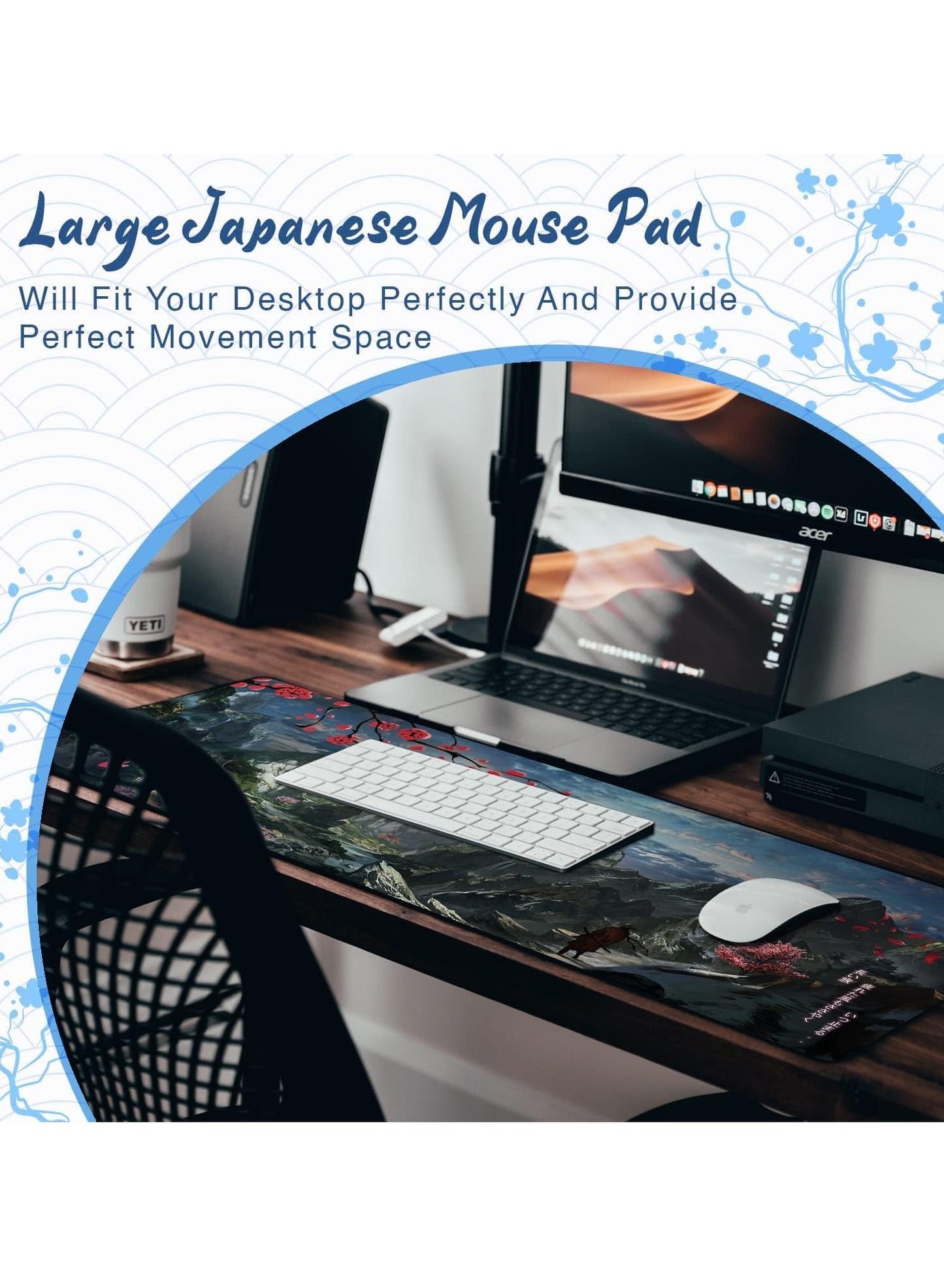 Large Japanese Mouse Pad ( 80x30x2mm ), HD Printing Style Desk Mat, Mouse and Keyboard Pad Extended, Water Proof Fabric Surface Mouse Pads for Desk, Anti-Slip Rubber Base (Hills Mountain Sakura)