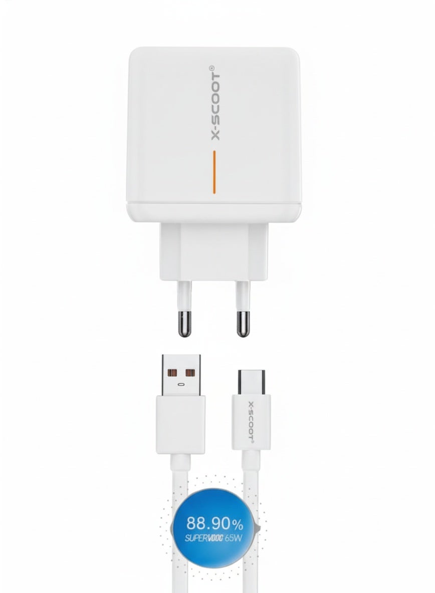 CH-253 GaN 65W Super VOOC Fast Charger with USB-C and USB Ports – High-Efficiency Ultra-Fast Wall Adapter for Phones, Ta