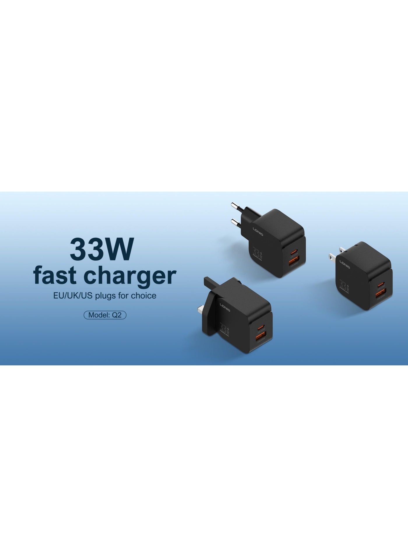 شاحن سفر LDNIO Q2 قوة 33W منفذين PD كابل USB-A أسود
