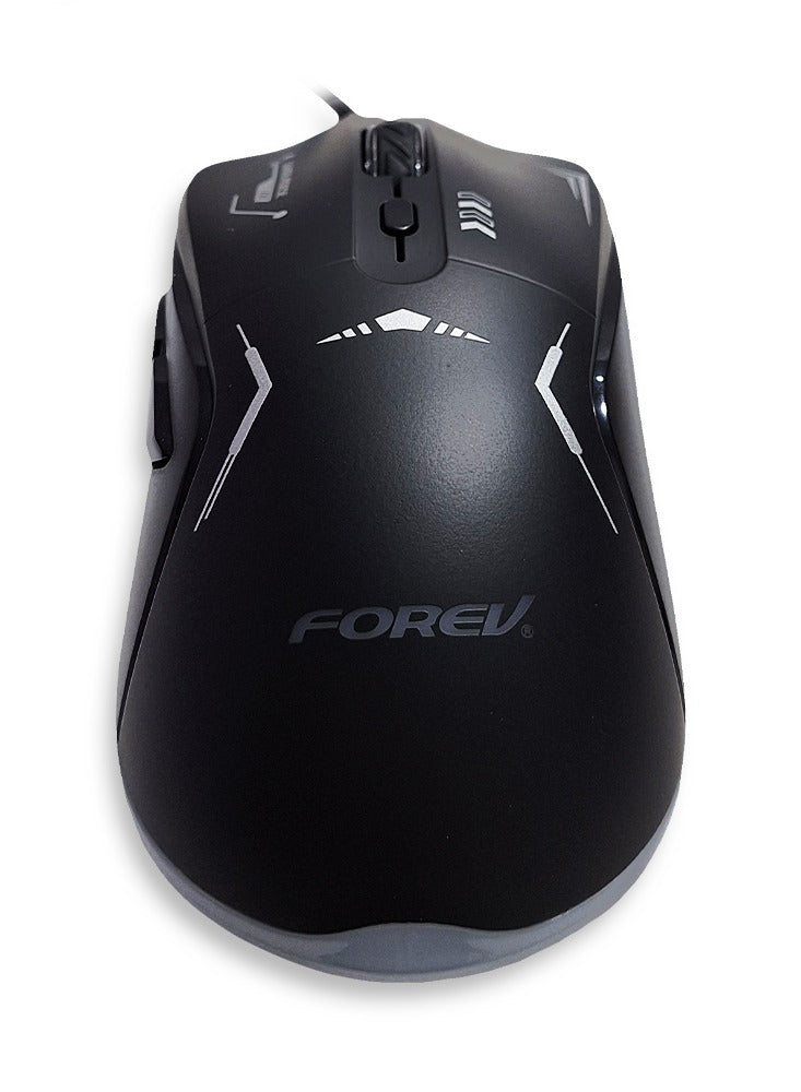 Forev E-Sports gaming mouse with 1.5M USB Cable , silent key ,macro program ming , optical engine , LED Light , 4-level adjustable (1200 - 1800 - 2400 - 3600 DPI ) - FV-X9 , black