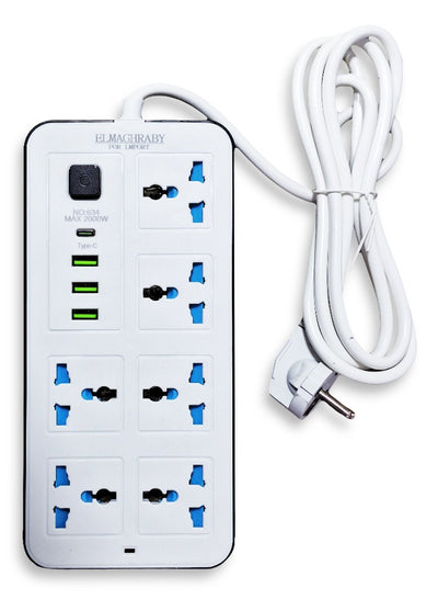 Electric Power strip - 2500 watt, Auto max 10 A / 220-250V , with 6 Outlet , 200 CM cable , 3 Port USB and 1 port type-c for Laptop, PC, MacBook , Home and Office Electrical appliances and Mobile charger