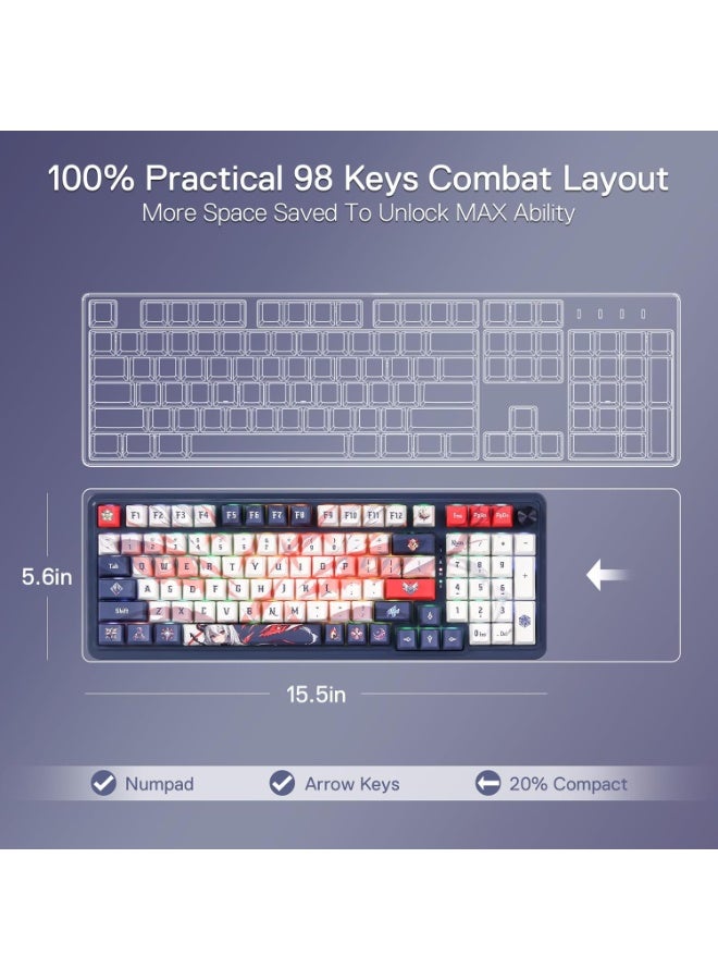 K686AK PRO 98 Keys Wireless Gasket RGB Gaming Keyboard, 3 Mode Anime Mechanical Keyboard w/Hot Swap Socket, Dedicated Kn