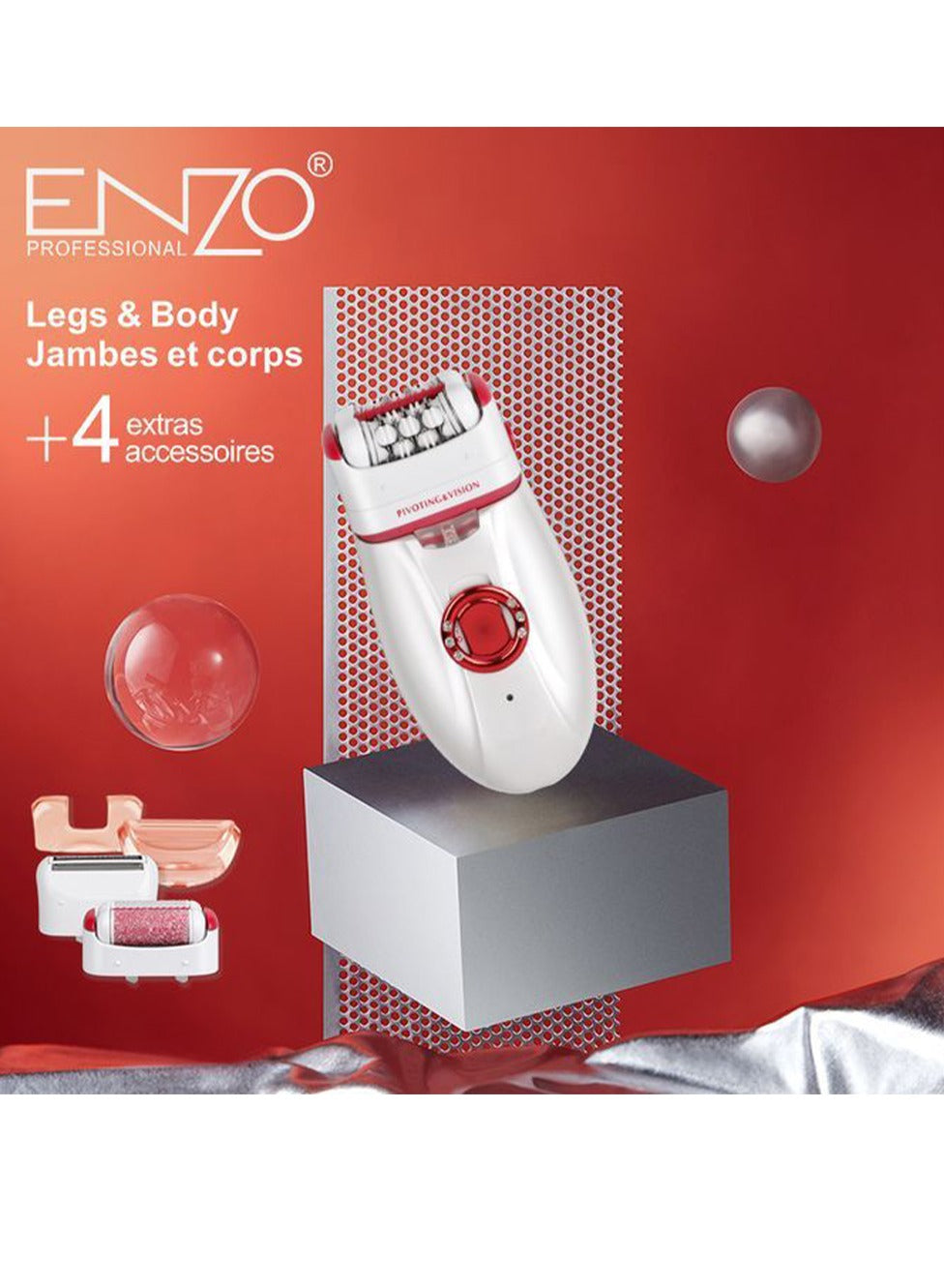 ENZO General hair removal in different parts of the body for women. Model EN-3166 is designed for comfort and ease of use at home, and comes with 4 different usage accessories.