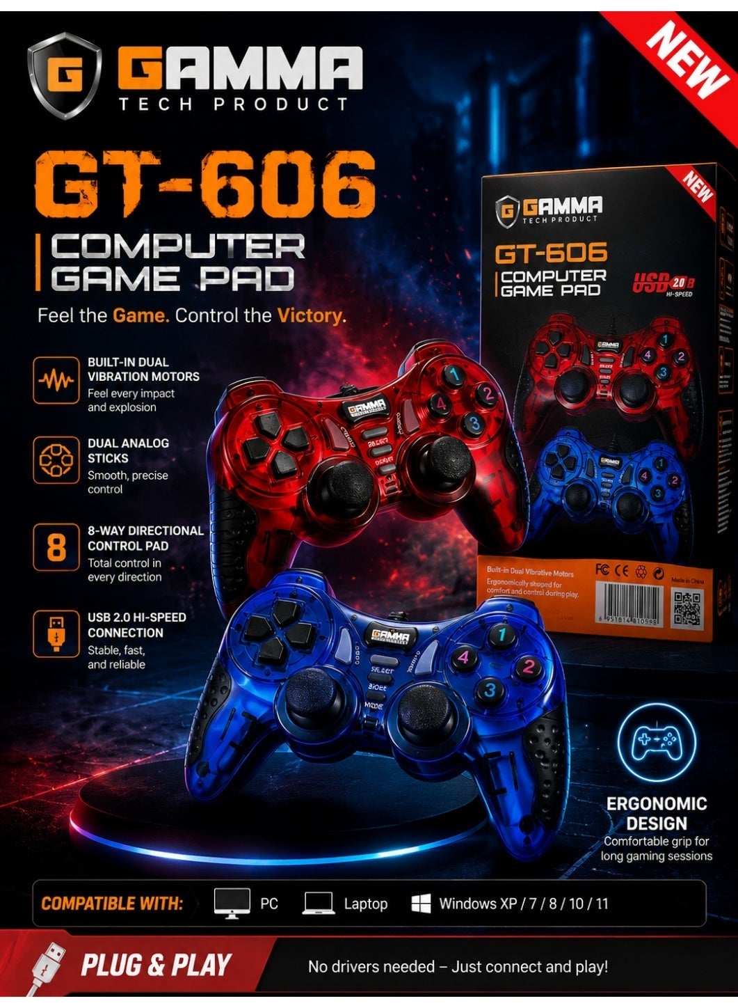 GT-606 Wired Gaming Controller – Dual Analog Sticks, 4 Triggers, 8-Way D-Pad, Dual Vibration, USB 2.0 Wired Connection, 