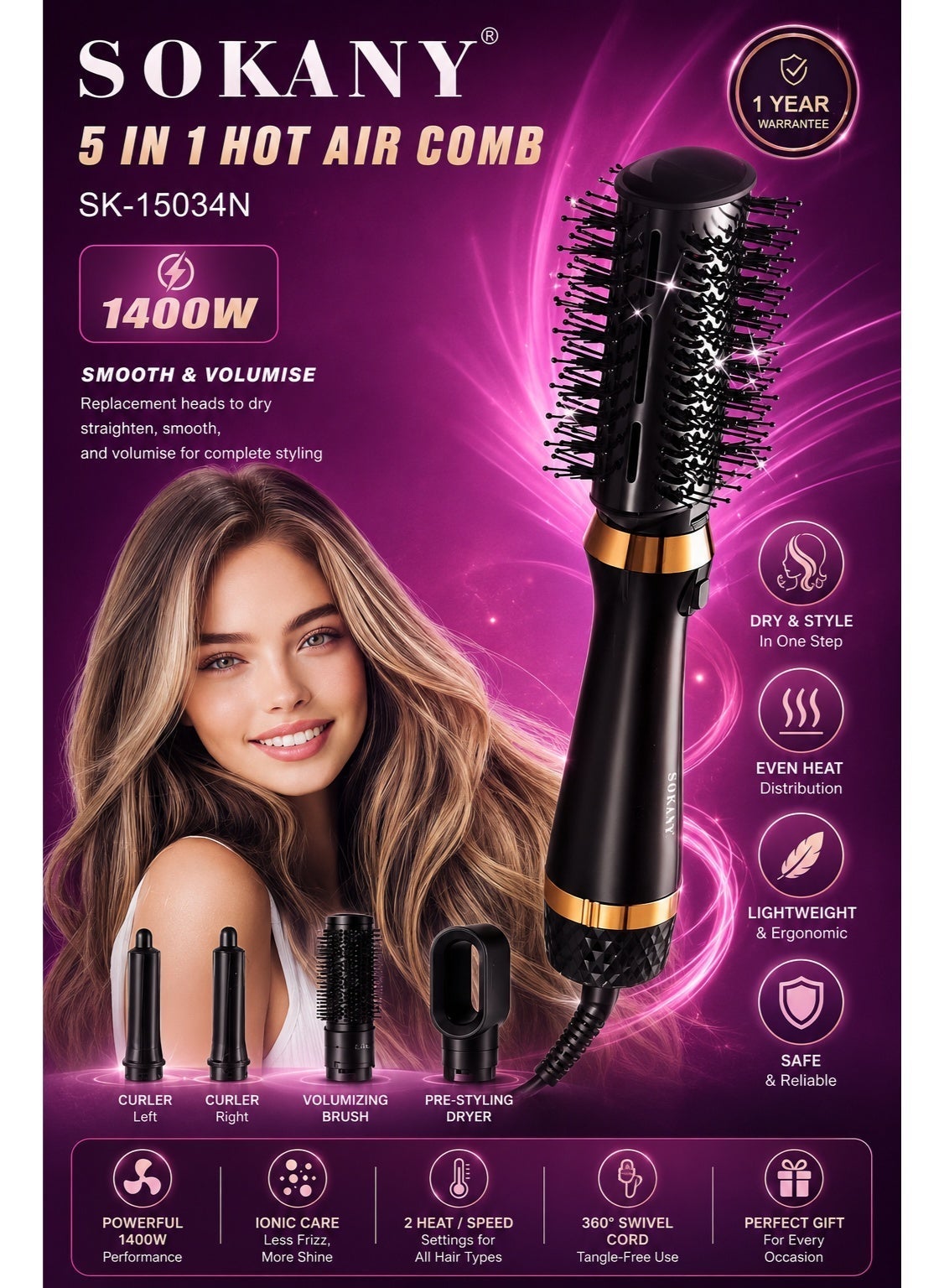 SK-15034N 5-in-1 Hair Dryer Brush – 1400W, 5 Interchangeable Styling Attachments, Drying, Curling, Straightening & Styli