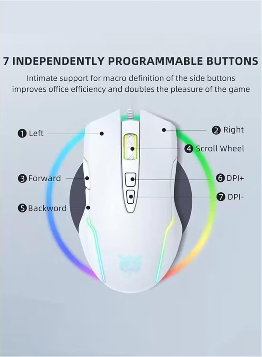 CW905 Wired RGB Gaming Mouse with Adjustable 6400DPI , 7 Buttons Optical USB Mouse, Ergonomic Symmetrical Design, Anti F