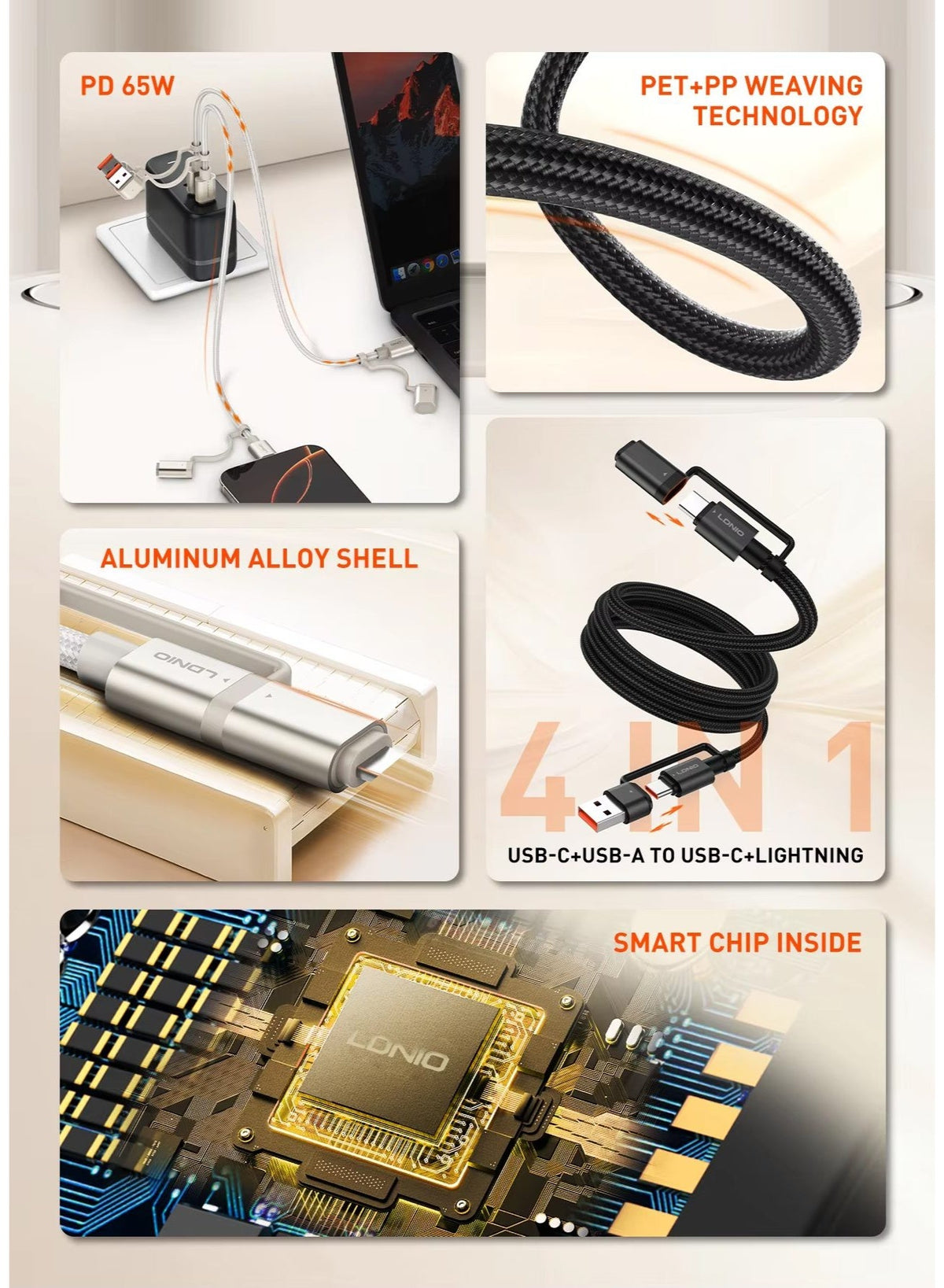 65W 4-In-1 Fast Charging Data Cable With USB-A And USB-C Inputs Lightning And USB-C Outputs High-Speed Data Transfer Bra