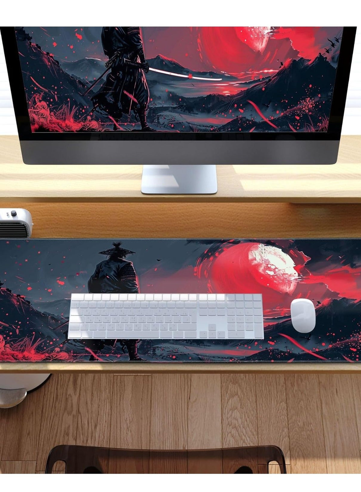 Black Desk Mat Japanese Samurai Mouse Pad Large Red Anime Big Mousepad Gaming Large Mouse Pad for Men Desk Pad with Stit