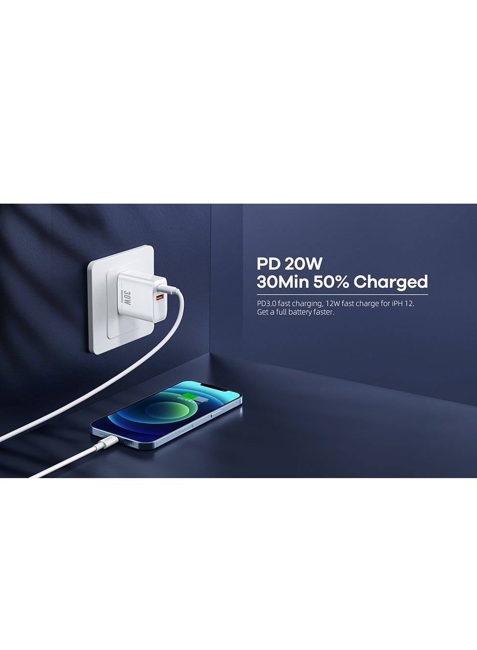Powerful Charger  RP-U82 , Fast Charger 30W , 2 Ports (QC+PD)  fast and safe charging