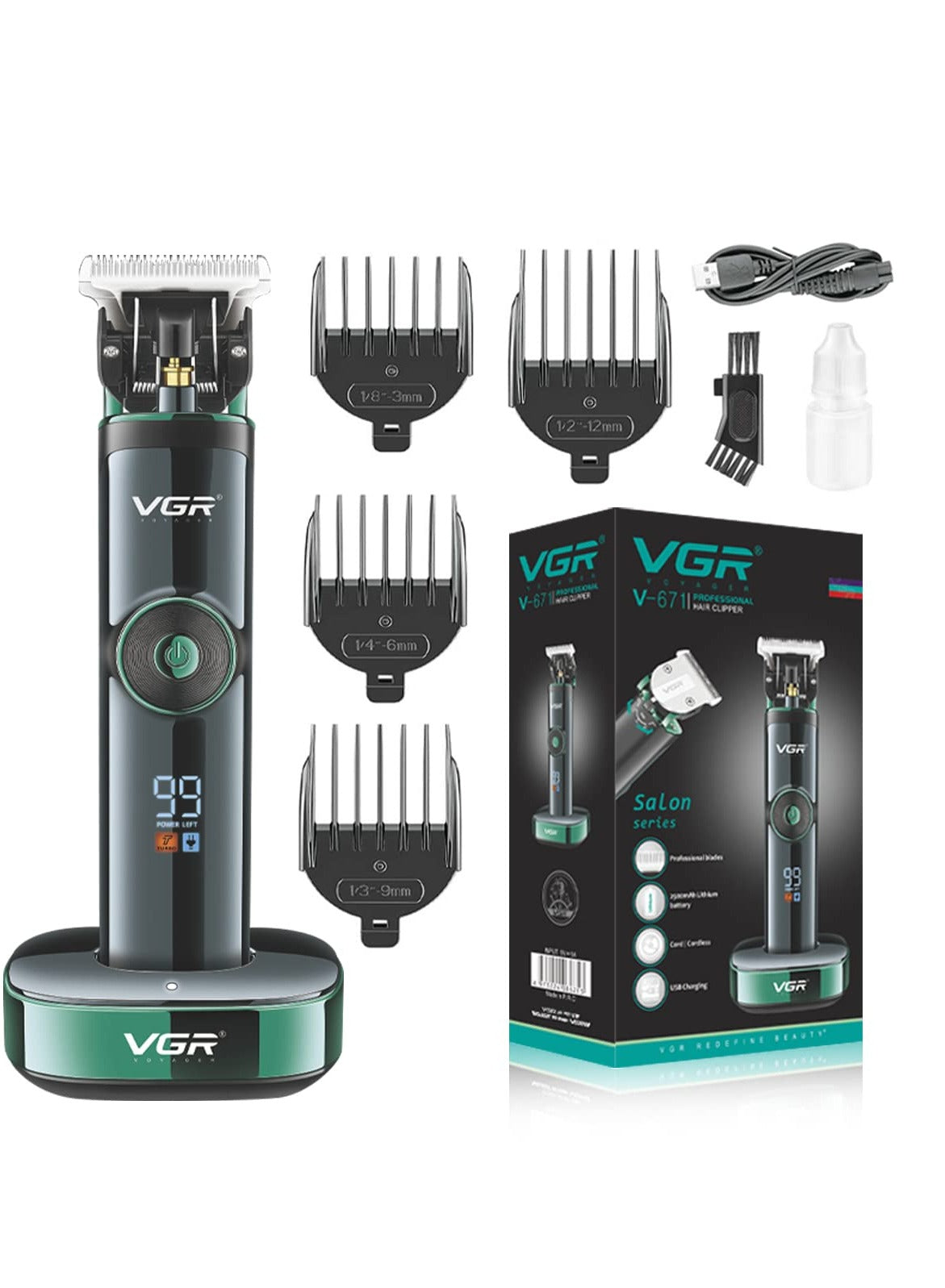 VGR V-671 Salon Series Professional Digital Display Cordless Hair Clipper with Dual motor Beard Trimmer for Men Rechargeable Li-ion Battery 2500mAh 400 minutes Runtime USB Powered Charging Pod & Stand