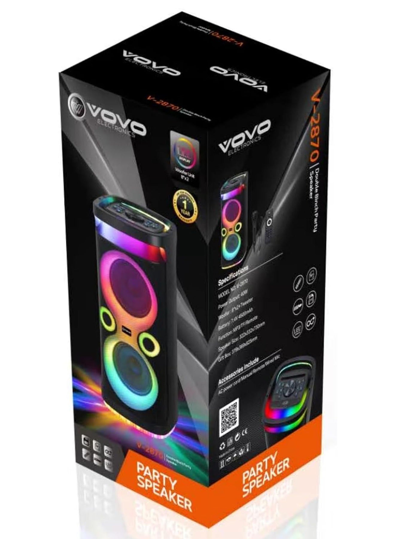V-2870 Double 8-Inch Portable Bluetooth Party Speaker, Rechargeable Battery, Powerful Bass, LED Flame Lights, Karaoke Mi