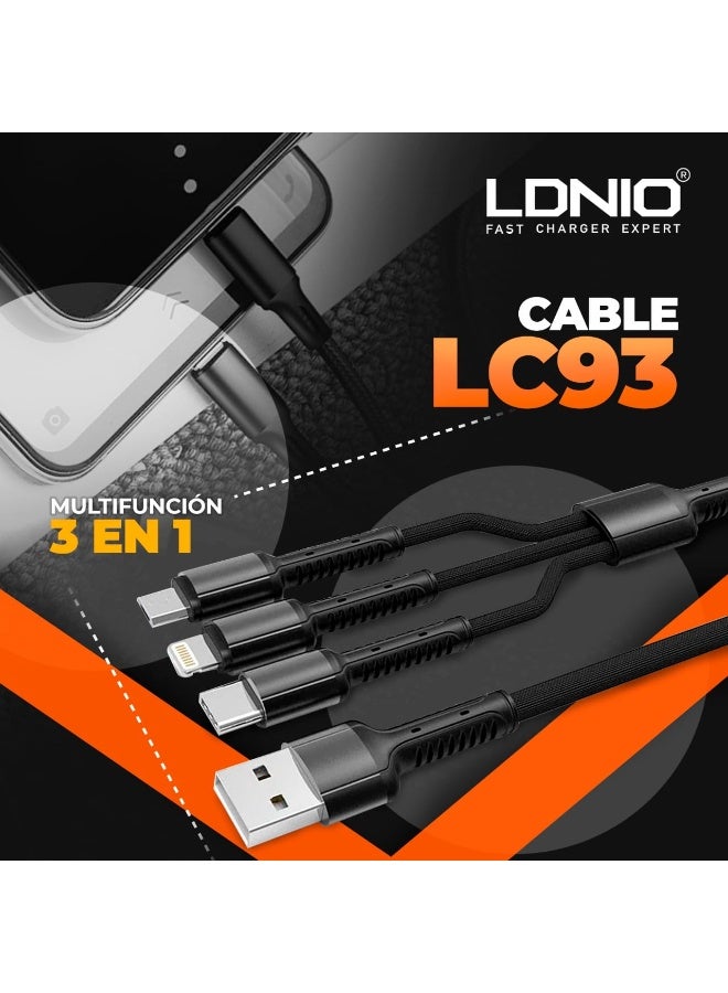 3 in 1 Fast Charging Cable 3.4A, LC93 1.2m USB to Type-C, Lightning & Micro Connectors, Durable PVC Design for Quick Cha