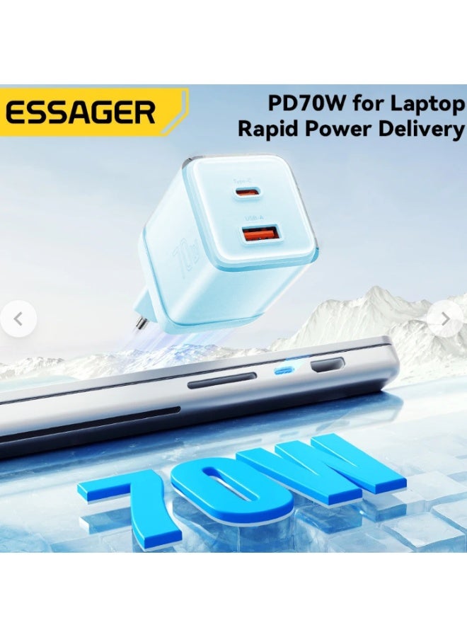 شاحن حائط ESSAGER ES-CD42 GaN قوة 70W منفذين PD وQC4.0 أزرق