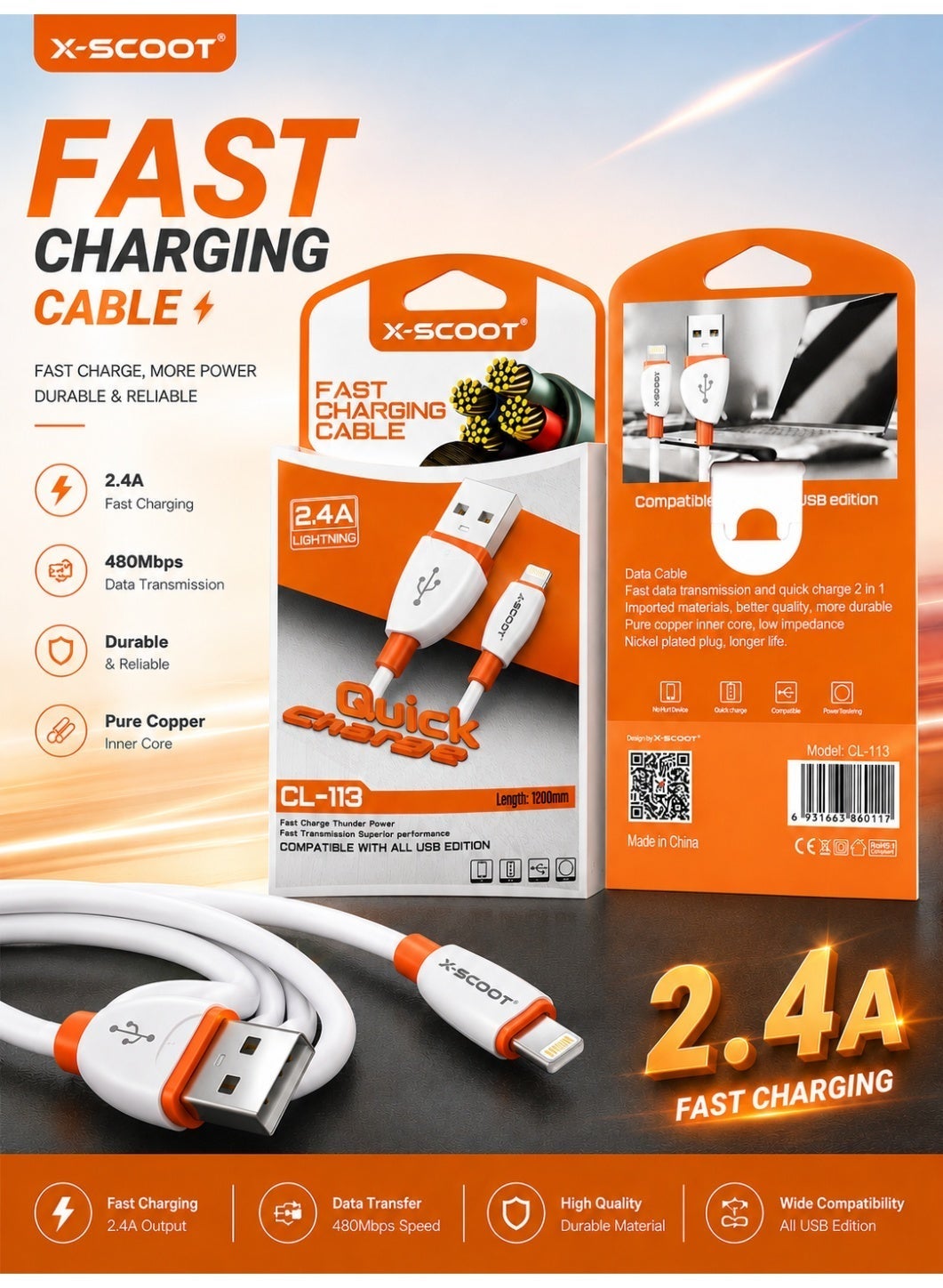 كابل شحن X-SCOOT CL113 Lightning قوة 2.4A طول 1.2m أبيض