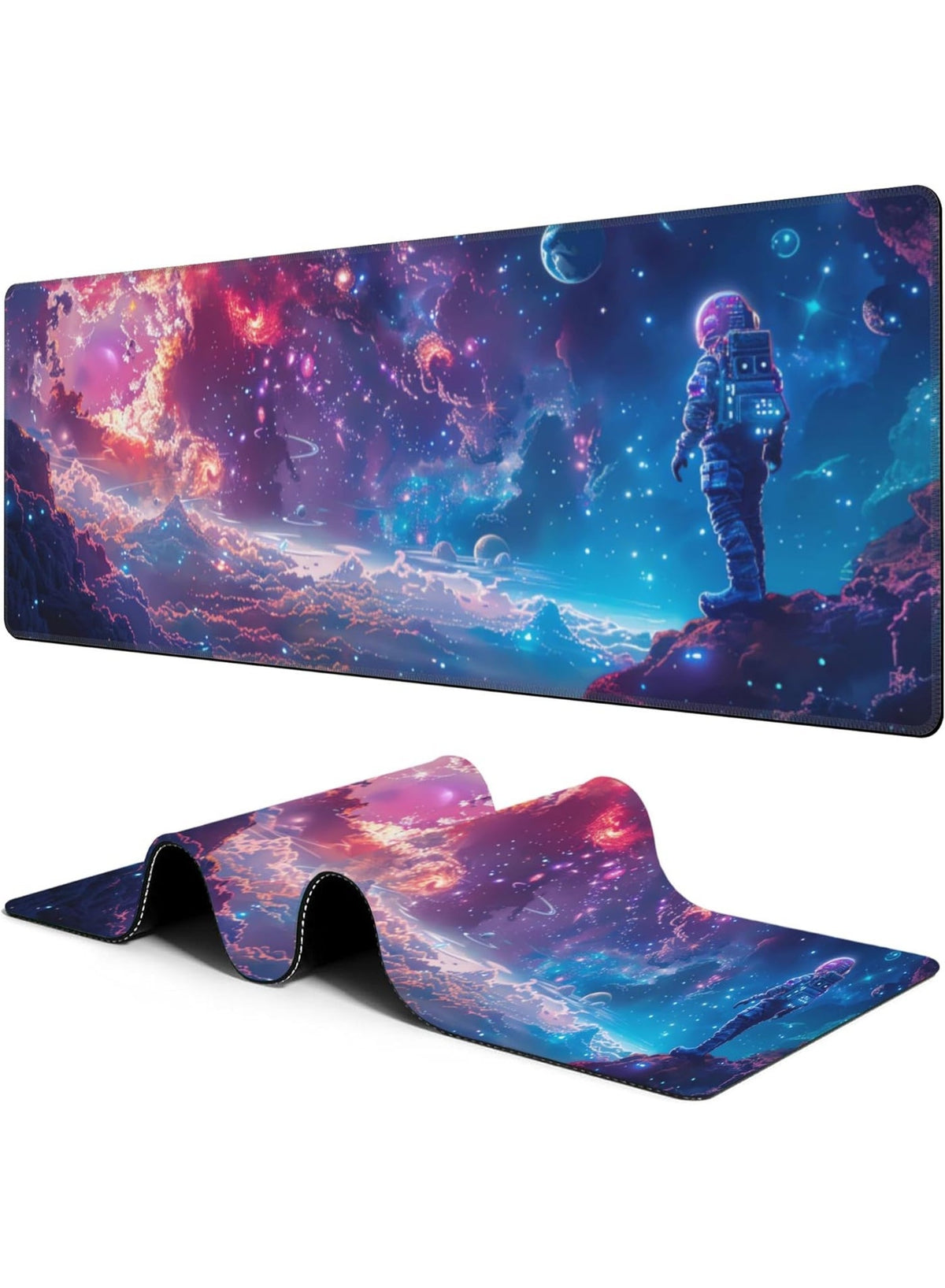 Large Gaming Mouse Pad for Desk Astronaut in Space Planets Big Desk Mat Extended Mousepad with Stitched Edge and Non-Sli