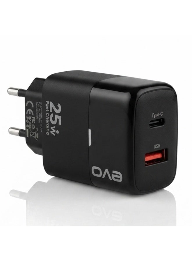 EVO-C14 25W Fast Wall Charger with USB-C Power Delivery and USB Port, Dual Port Fast Charging Adapter, Smart Chip USB-C 