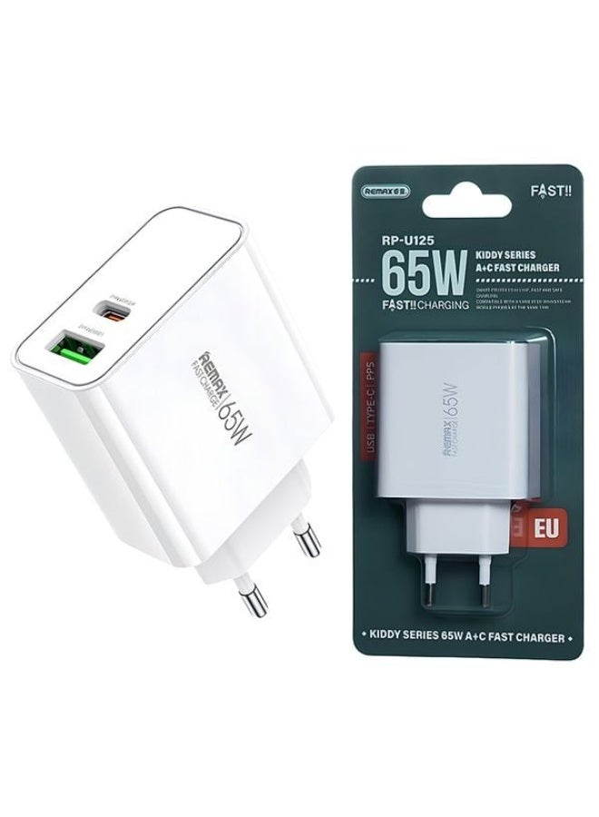 2 IN 1 Fast Charger , USB AND TYPE-C Port 65 w , mini and easy carry white color . use all devices type c and high power