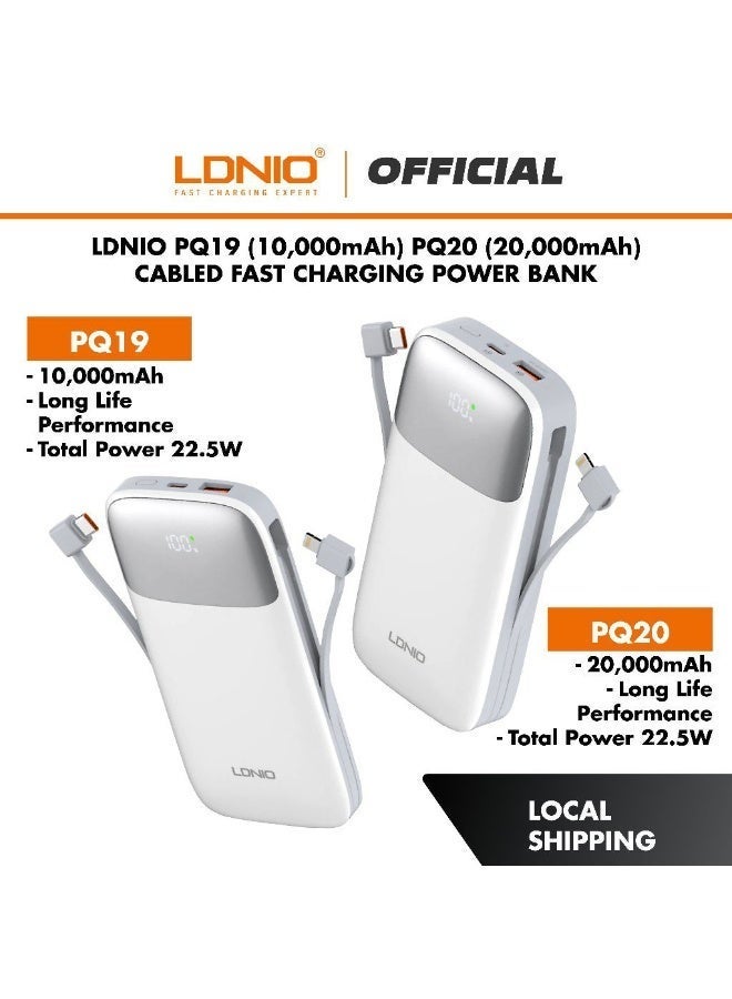 PQ19 10000mAh Fast Charging Power Bank with Built-In Charging Cables, 22.5W USB-C Quick Charge Output, 18W USB-C Fast In