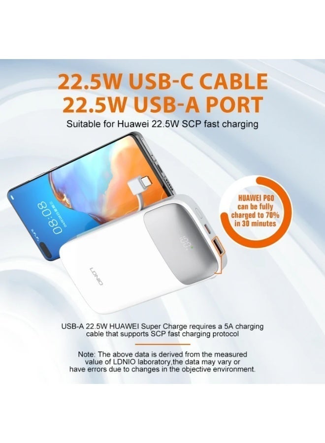 PQ19 10000mAh Fast Charging Power Bank with Built-In Charging Cables, 22.5W USB-C Quick Charge Output, 18W USB-C Fast In