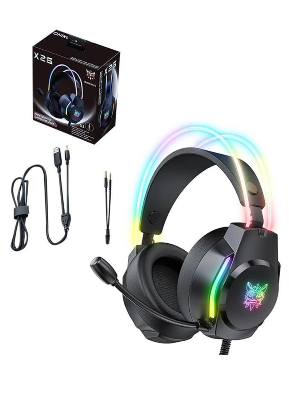 X26 Wired Gaming Headset, Professional Over-Ear Headphones with HD Stereo Surround Sound, Noise Cancelling Microphone, R