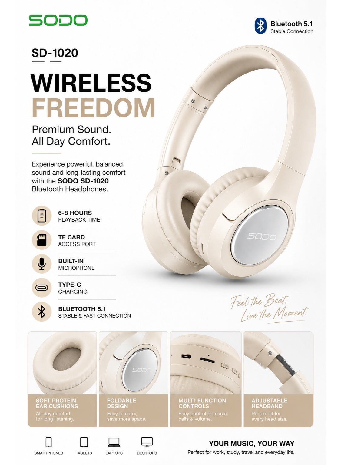 SD-1020 Bluetooth 5.1 Over-Ear Wireless Headphones with Hi-Fi Stereo Sound, Built-In Microphone, TF Card Music Player, T