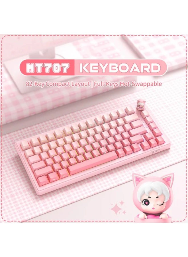 لوحة مفاتيح MT707 الميكانيكية للألعاب، ثلاثية الأوضاع، بإضاءة RGB، مزودة بـ 81 مفتاحًا، ومقبض تحكم على شكل دمية، وهيكل ت