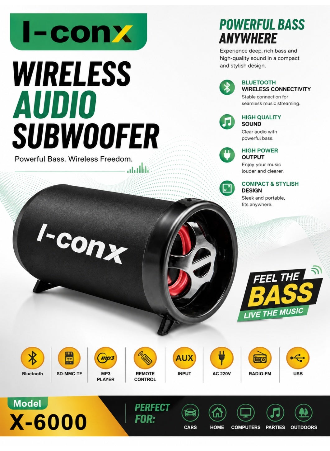 سبيكر بلوتوث I-conx X-6000 ريموت كنترول أسود