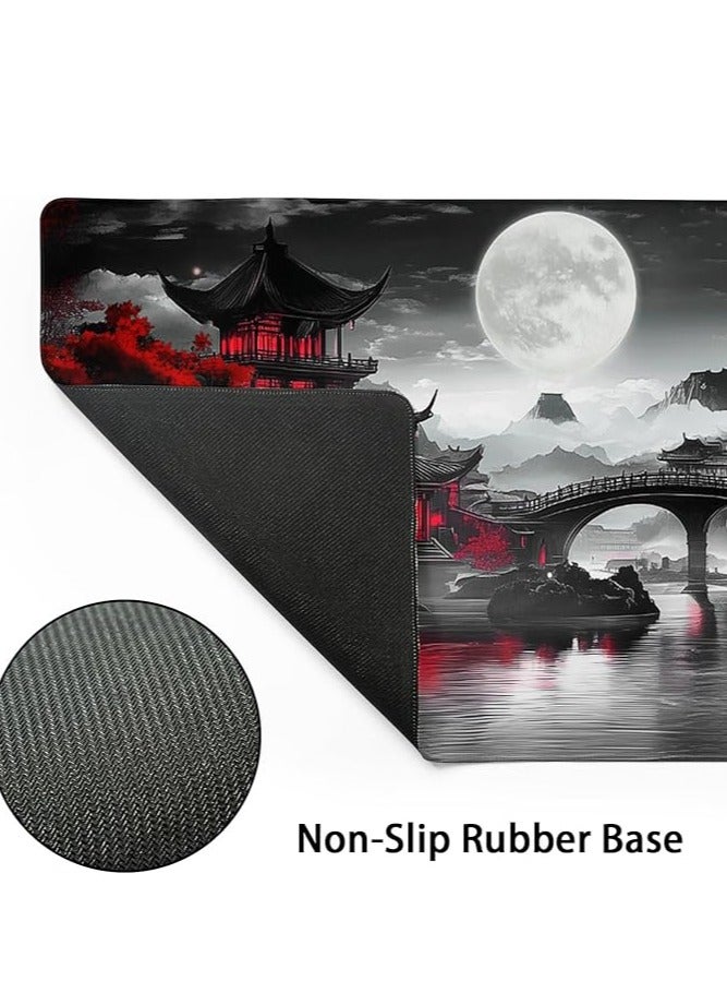 aportt Japanese Mouse Pad Riverside Full Moon Extended Desk Mat Black Red Large XL Mousepad Non-Slip Rubber Base Stitche