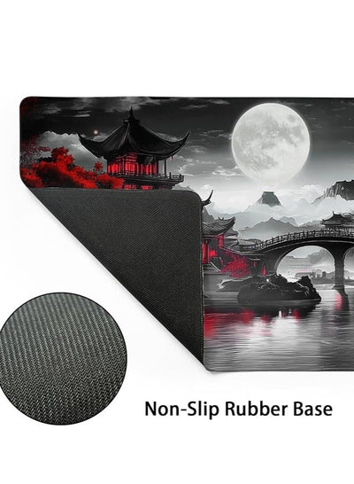 aportt Japanese Mouse Pad Riverside Full Moon Extended Desk Mat Black Red Large XL Mousepad Non-Slip Rubber Base Stitche