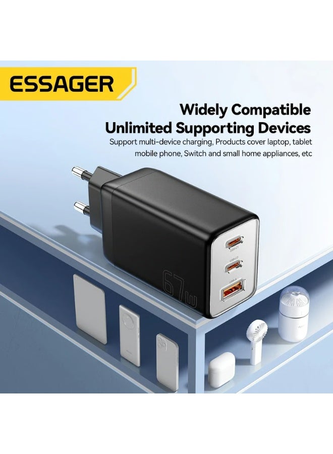 شاحن حائط ESSAGER JT-G67TC2U1 GaN قوة 67W منفذ Type-C PD3.0 أسود