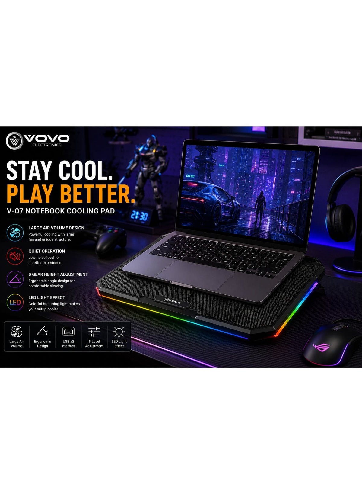 V-07 Laptop Cooling Pad with 5 Silent Cooling Fans, LED Display, Adjustable Fan Speed Control, Dual USB Ports, Multi Ang