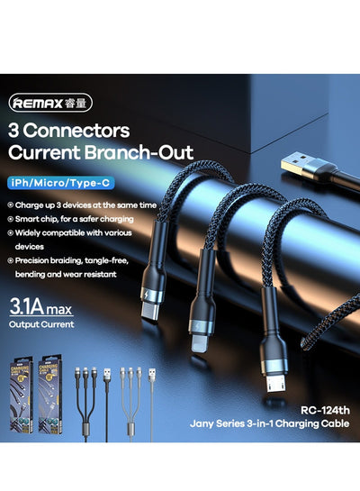 rc-124th 3 in 1 charging cable for micro, type c and micro with 3.1a and 1.2 m length set of 2 pieces - silver