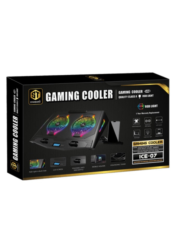 Standard Laptop Cooler Support ICE-07 With RGB Cool Light in both sides - 7 flowing lights mode , LCD Screen - 2 Fans Multi-Gear - Multi Angle , 2USB ports & 5 Levels And mobile phone holder , Foldable Anti-Skid Baffle ( 461*294*52mm )