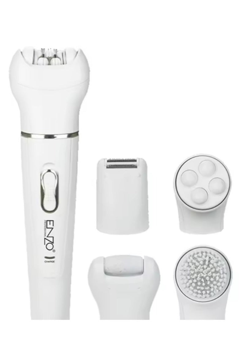 ENZO 5 in 1 painless hair removal device with a massager to relieve pain after hair removal. An easy and practical women's shaving machine that also contains a cleaning brush and a callus remover for soft and supple skin, model EN-0104.