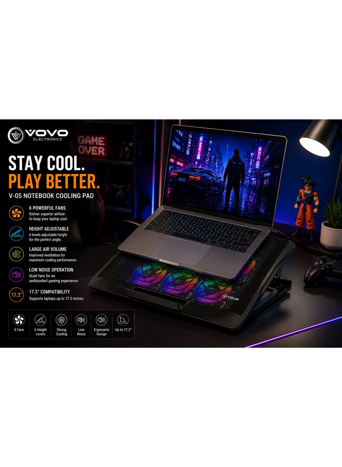 V-05 Laptop Cooling Pad with LED Display, Adjustable Fan Speed Control, High Airflow Cooling Fan, Dual USB Ports, Ergono