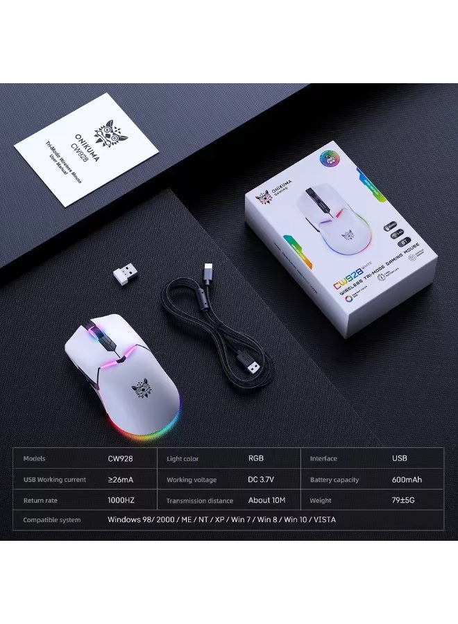 CW928 RGB Tri-Mode Gaming Mouse with Wired, 2.4GHz Wireless and Bluetooth Connectivity, 7-Level Adjustable DPI, Ergonomi