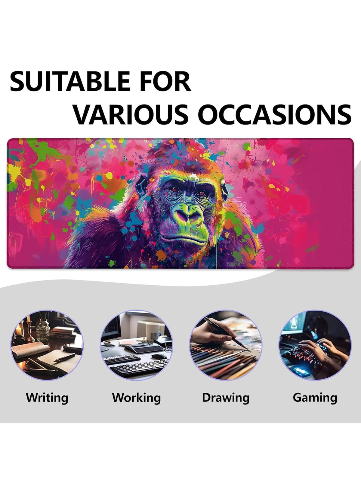 Colorful Gorilla Large Mouse Pad 70 X 30cm , Gaming Mouse Pad, Non Slip Rubber Base, Office Accessories, Desk Mat, Artis
